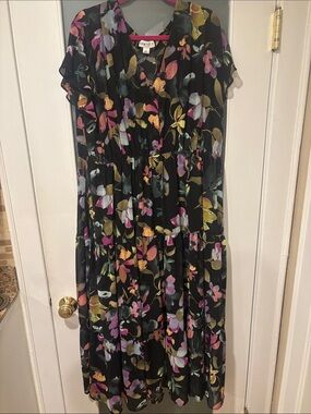 Ava & Viv Black Floral Maxi Dress with Pink, Yellow & Green Accents